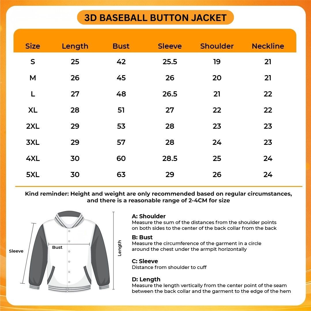 3D Baseball Button Jacket Size Chart - Arcane Merchandise