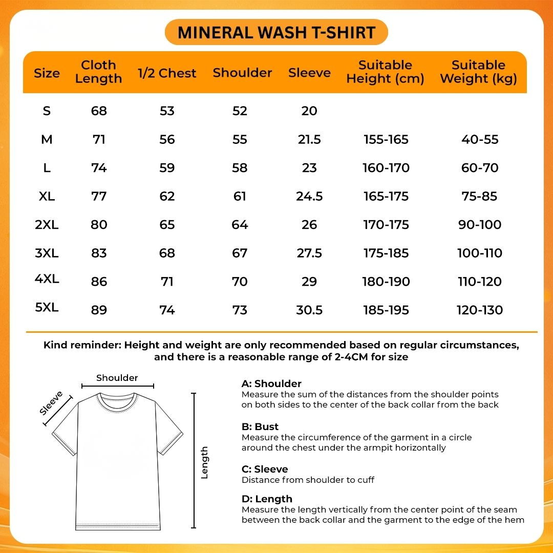 Mineral Wash T Shirt Size Chart - Arcane Merchandise