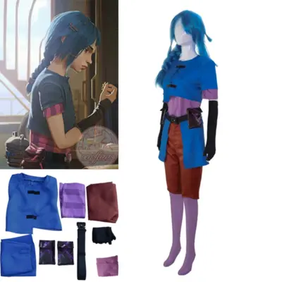 Arcane Jinx Powder Cosplay Costume Set – Blue Coat & Pants for Girls